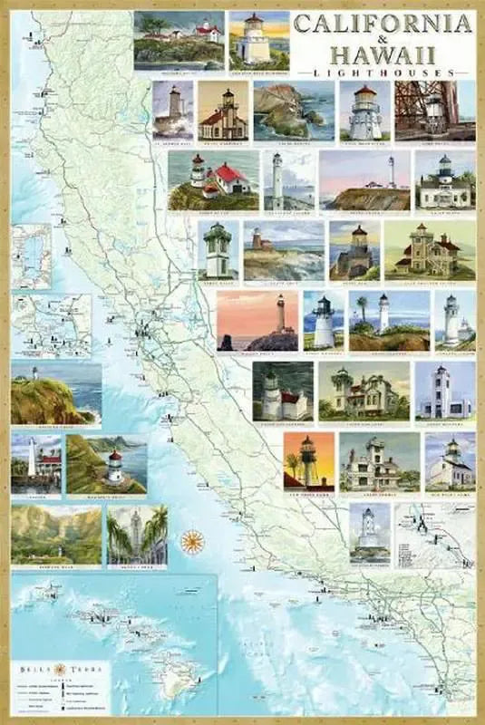 California & Hawaii Lighthouses Map by Bella Terra