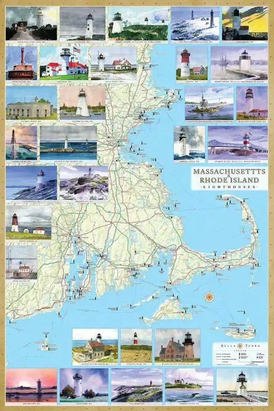 Massachusetts & Rhode Island Lighthouse Map by Bella Terra