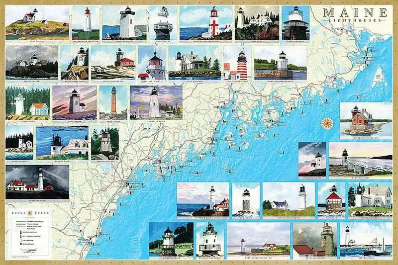 Maine Lighthouses Map by Bella Terra