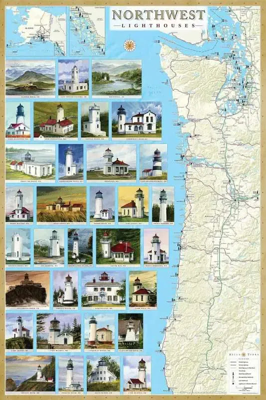 Northwest Lighthouses Map (laminated, rolled) by Bella Terra