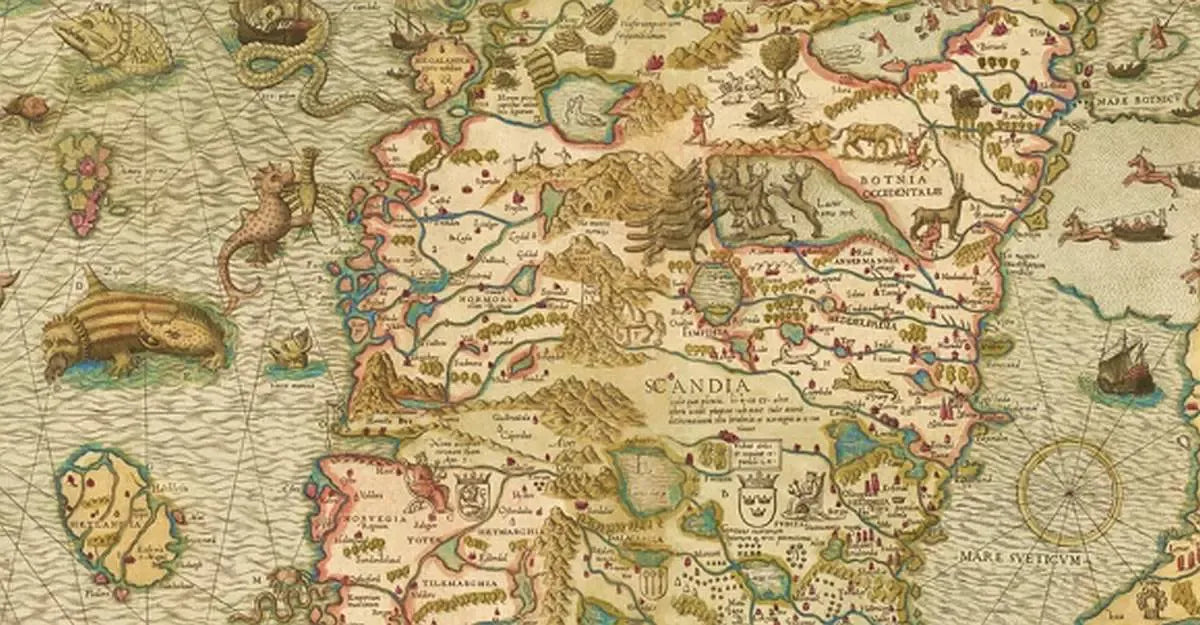 Scandinavia 1572 Antique Map Reproduction - Sea Monsters