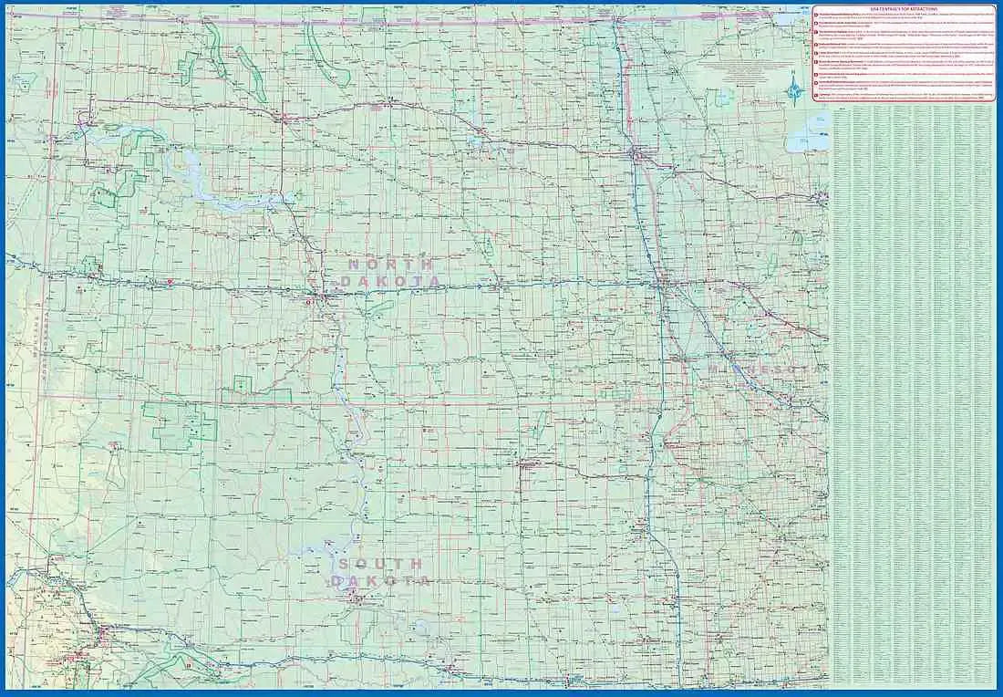 North & South Dakota and Nebraska Travel Map