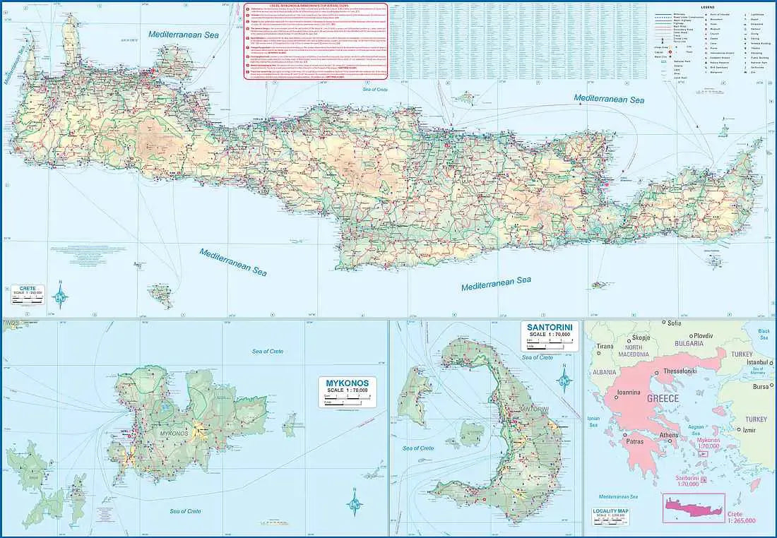 Crete, Mykonos & Santorini Travel Map