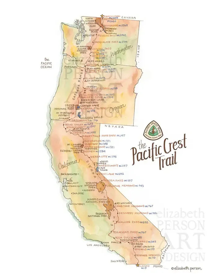 Pacific Crest Trail Watercolor Map by Elizabeth Person