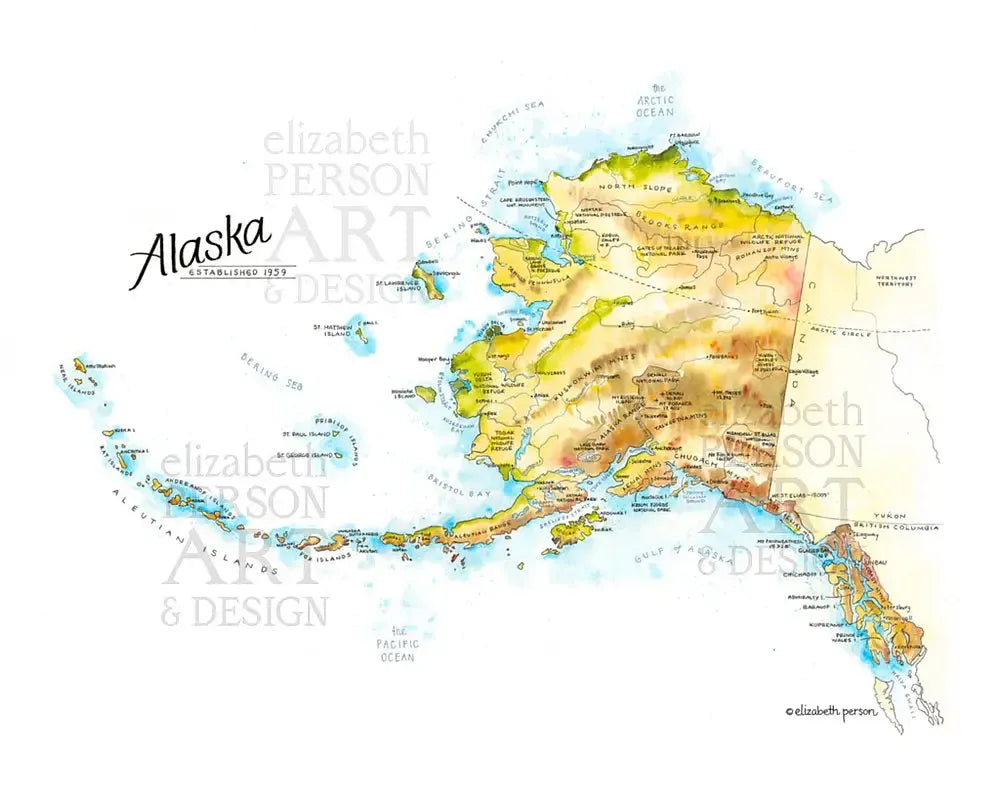 Alaska State Watercolor Map by Elizabeth Person
