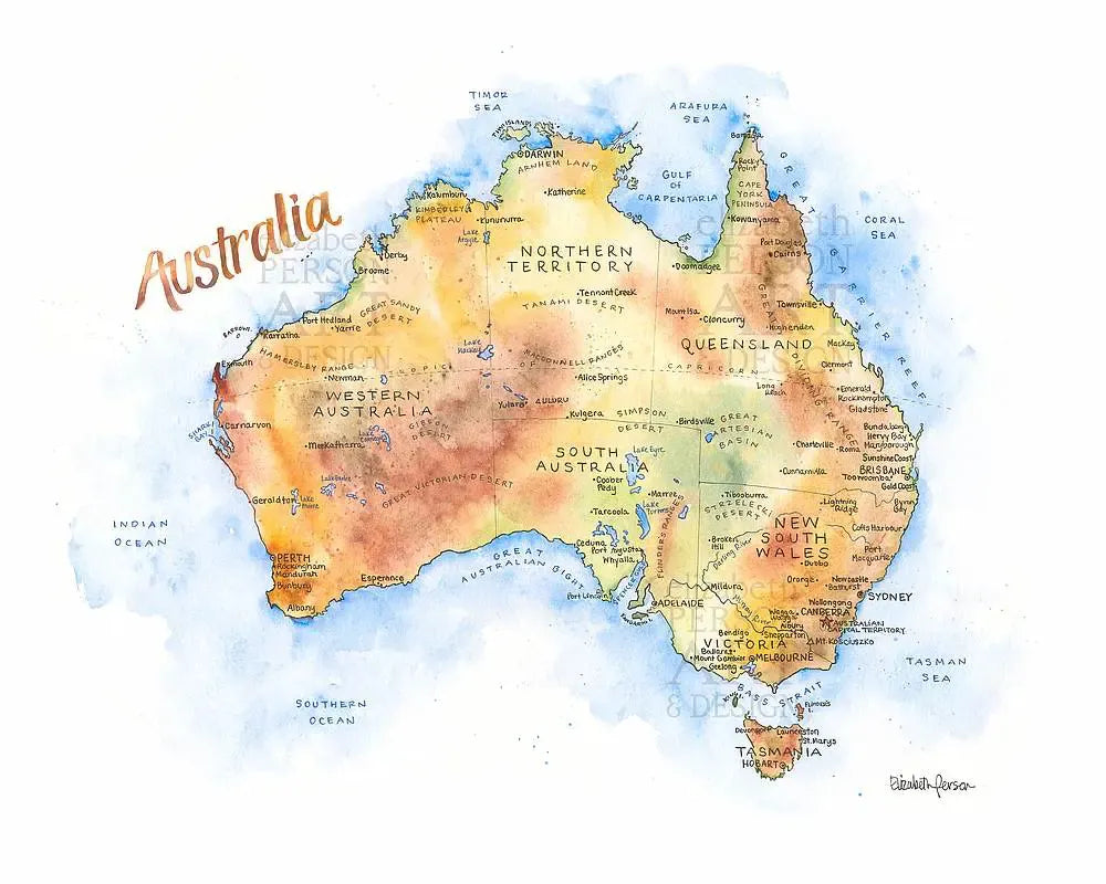 Australia Watercolor Map by Elizabeth Person