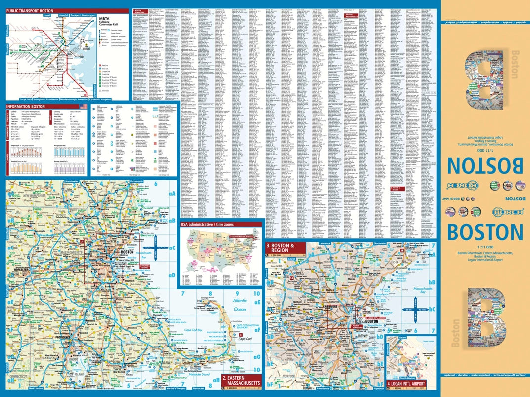 Boston Laminated City Street Map by Borch - Insets & Index