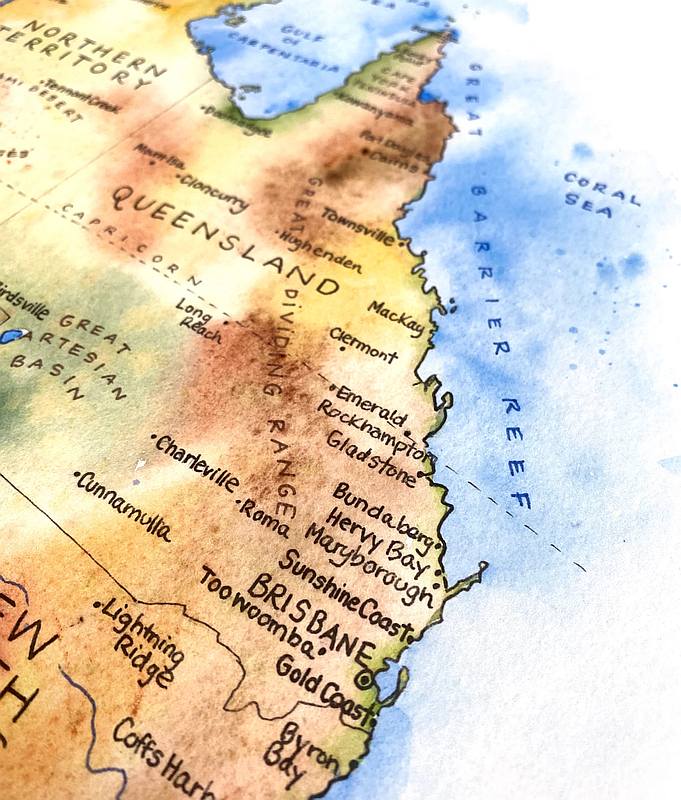 Australia Watercolor Map by Elizabeth Person - Detail