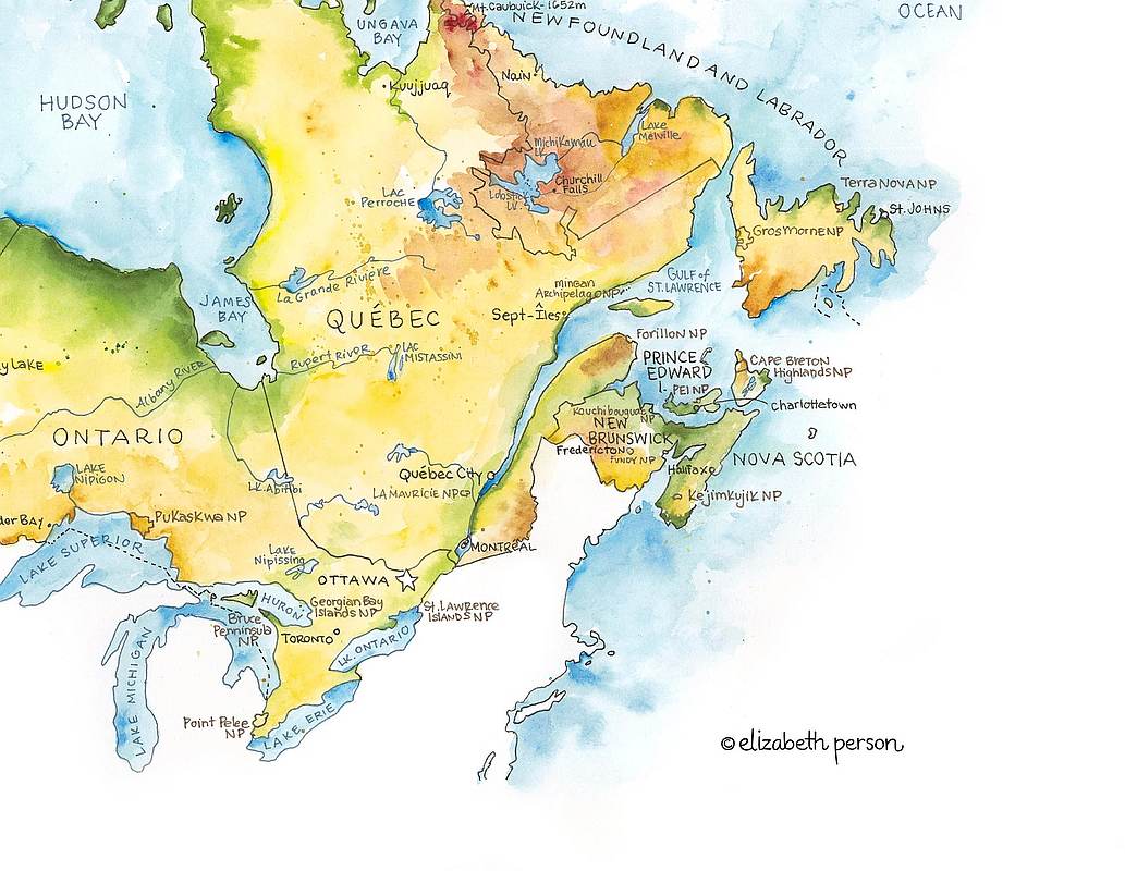 Canada Watercolor Map by Elizabeth Person - East Detail