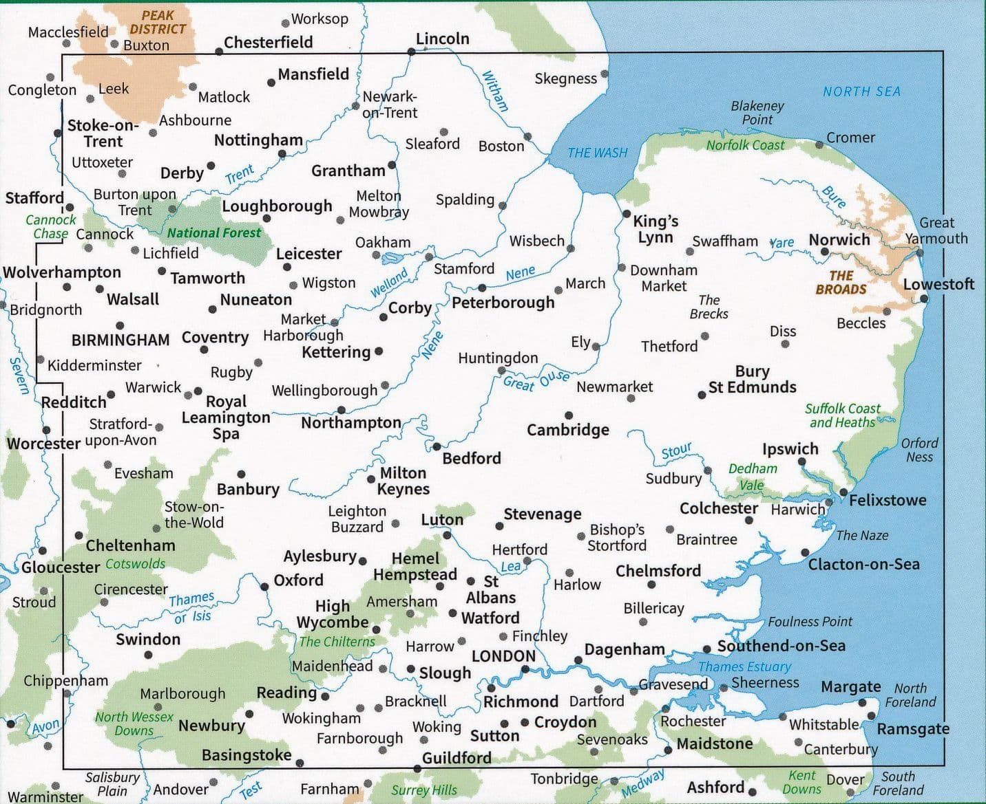 East Midlands & East Anglia Road & Reference Map by Ordnance Survey - Coverage Map