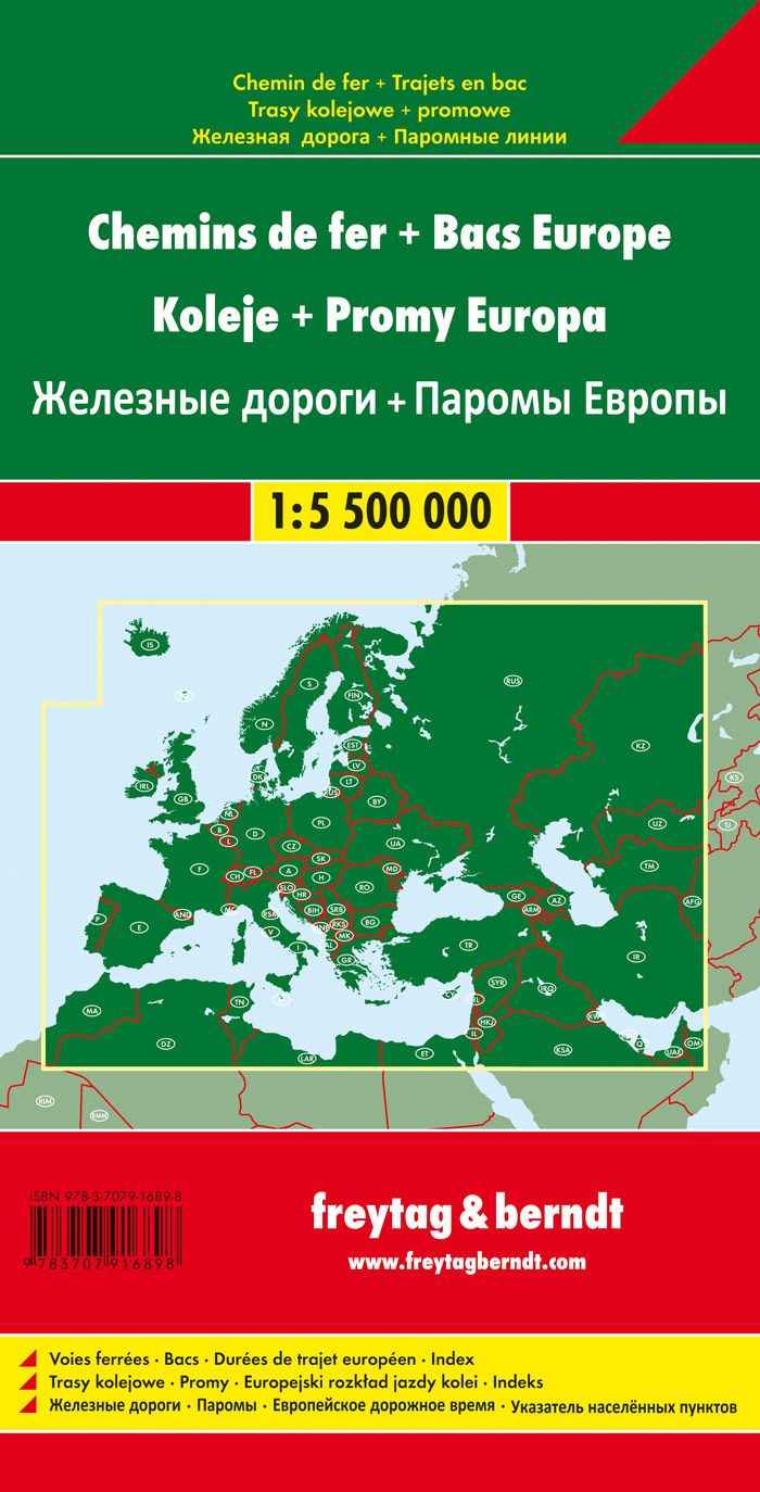 Railways & Ferries of Europe Guide Map by Freytag & Berndt - Coverage Map