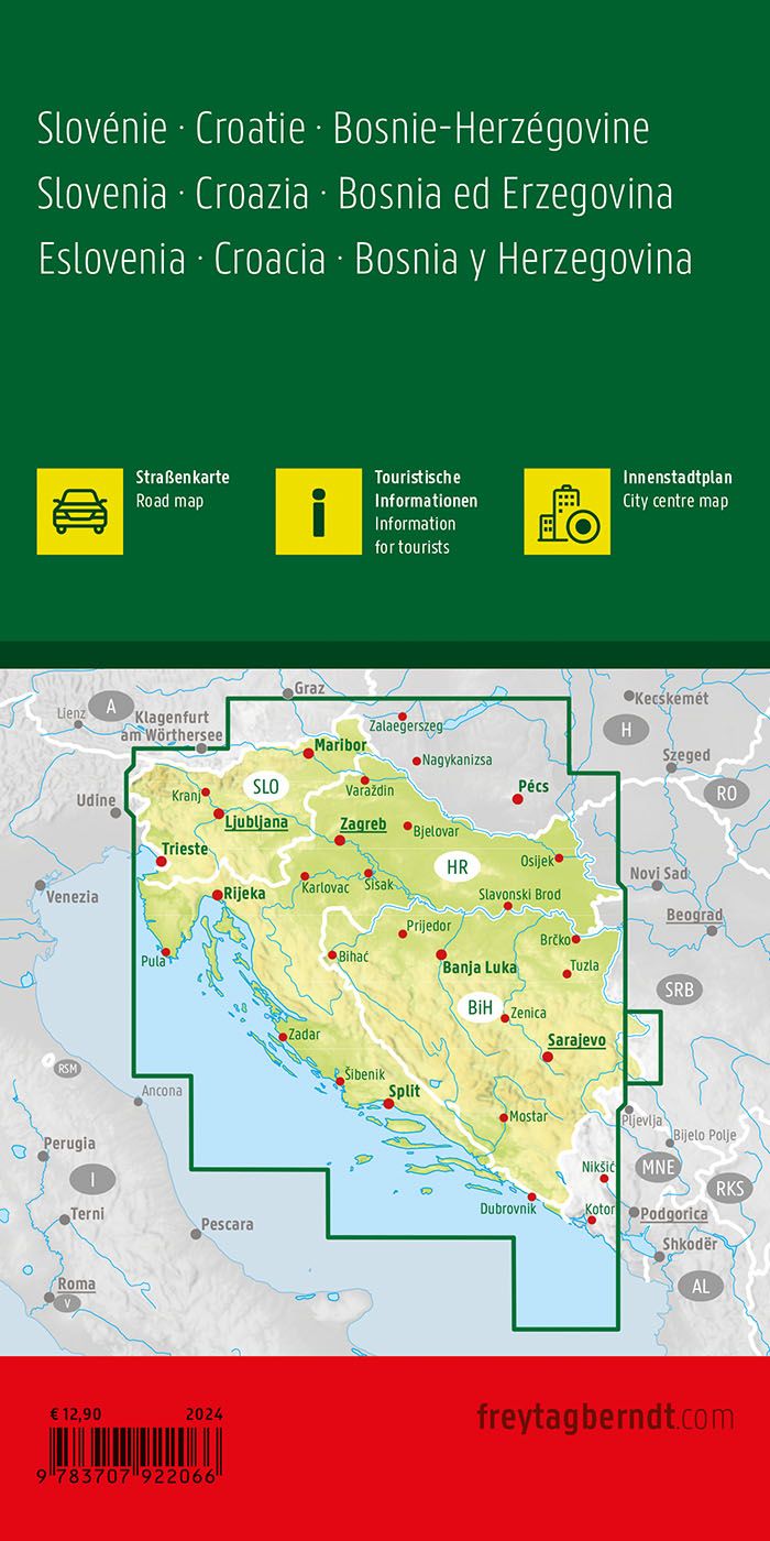 Slovenia, Croatia, Bosnia & Herzegovina Road Map by Freytag & Berndt - Coverage Map