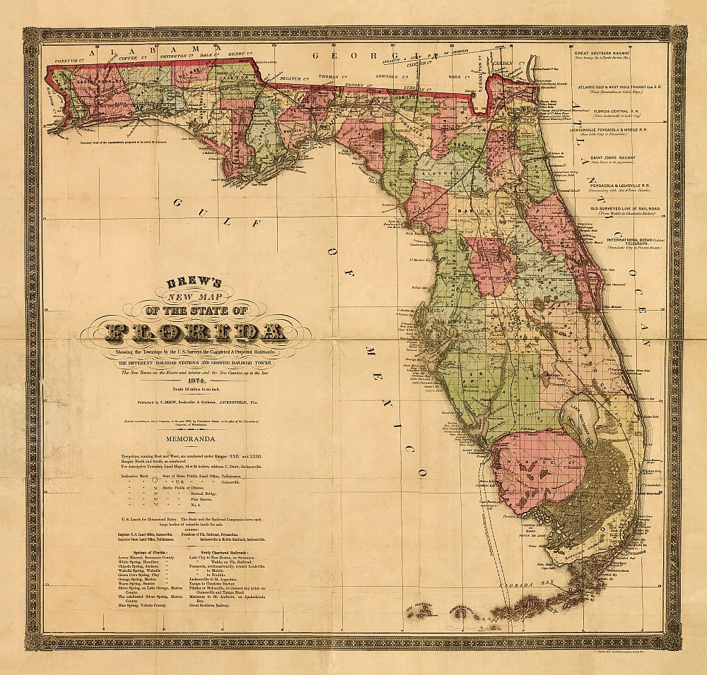 Antique Map of Florida 1874