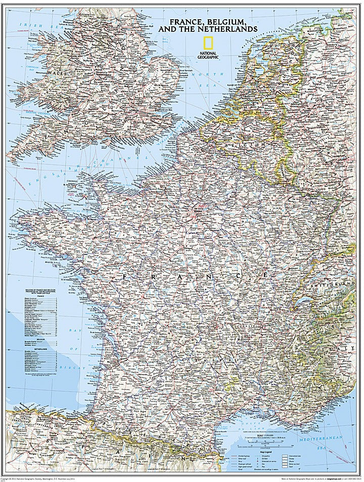 France, Belgium & The Netherlands Wall Map by National Geographic