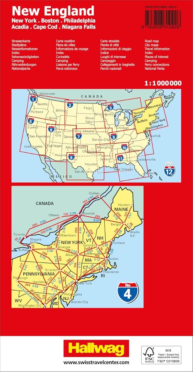 New England (Atlantic Northeast) Road Map & Guide by Hallwag - Back Cover with Coverage Area Map