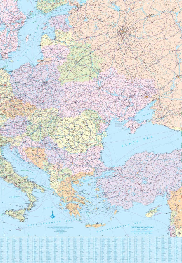 Europe Road & Railway Travel & Reference Map by ITMB - Eastern Map