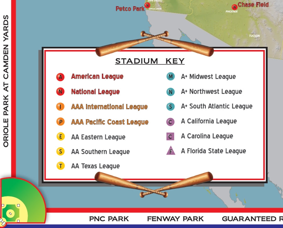 Professional Baseball Stadium Locations Map - "Chasing Diamonds" - Index Key