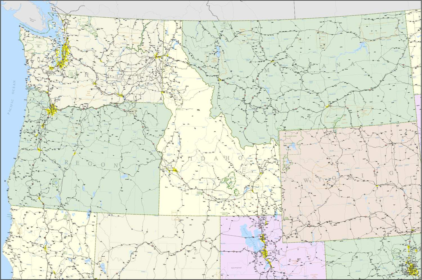 Pacific Northwest States Commercial Map with Wyoming