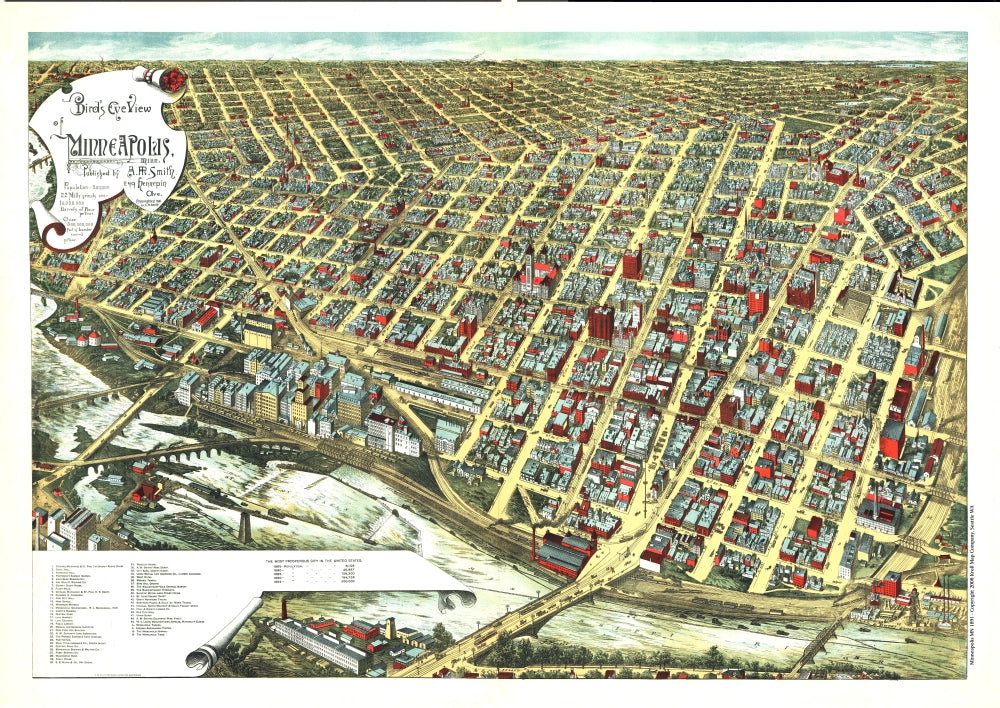 Antique Map of Minneapolis, MN 1891