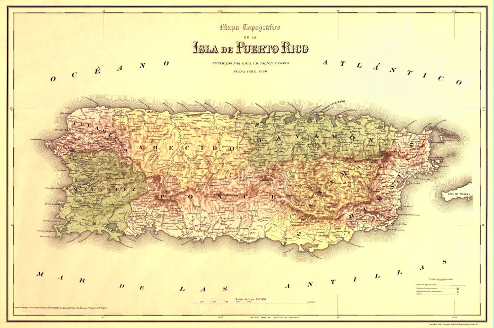 Antique Map of Puerto Rico 1886