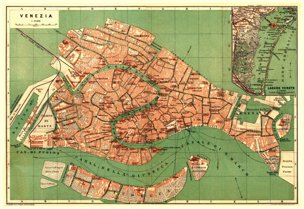 Venice, Italy 1886 Antique Map Reproduction