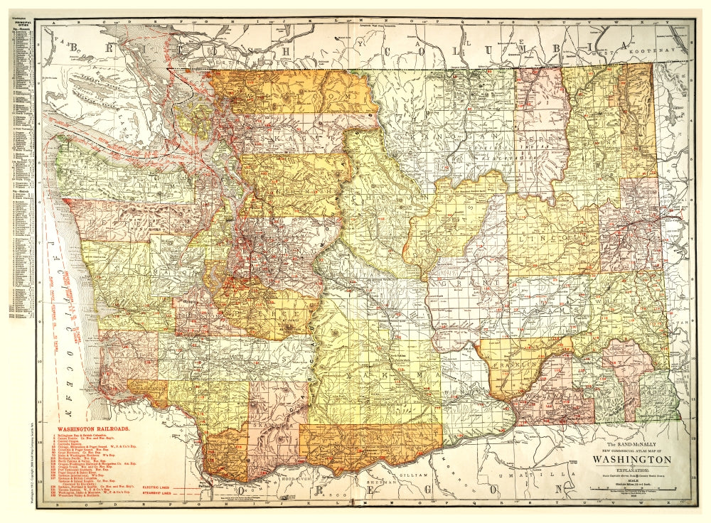Washington State 1912 Antique Map Reproduction