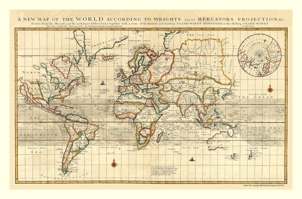 1705 World Map Antique Reproduction