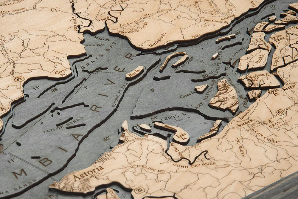 Columbia River Mouth 3D Nautical Wood Chart - Gray Frame Detail