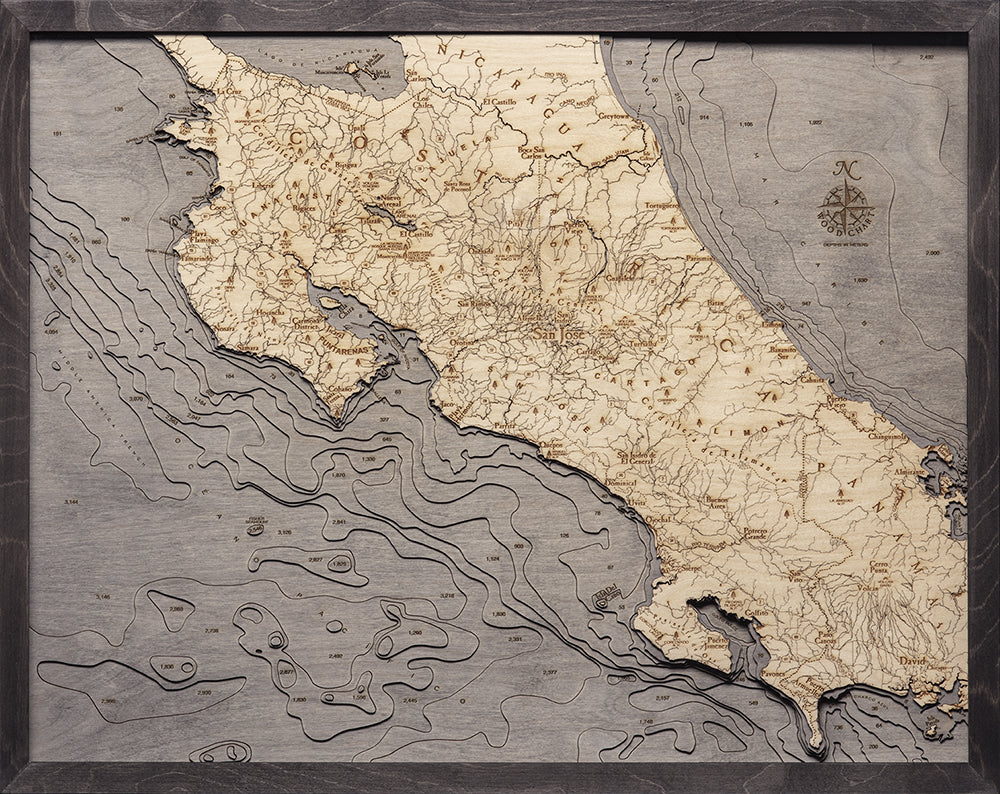 Costa Rica 3D Nautical Wood Chart - Gray Frame