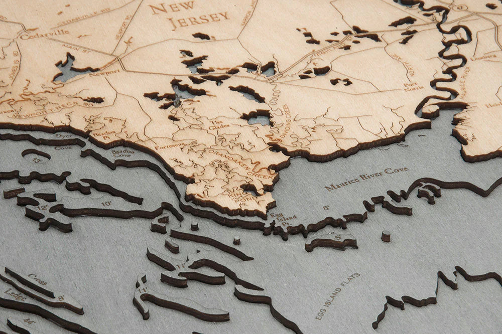 Delaware Bay 3D Nautical Wood Chart - Gray Frame Detail