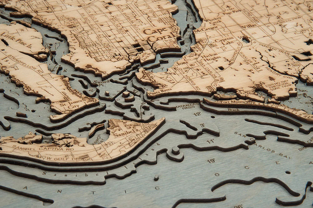 Cape Coral, FL 3D Nautical Wood Chart - Gray Frame Detail (Sanibel Island)