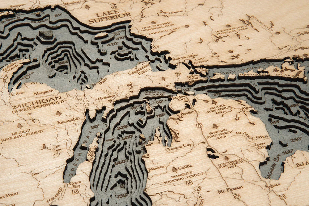 Great Lakes Region 3D Nautical Wood Chart - Small - Gray Frame Detail