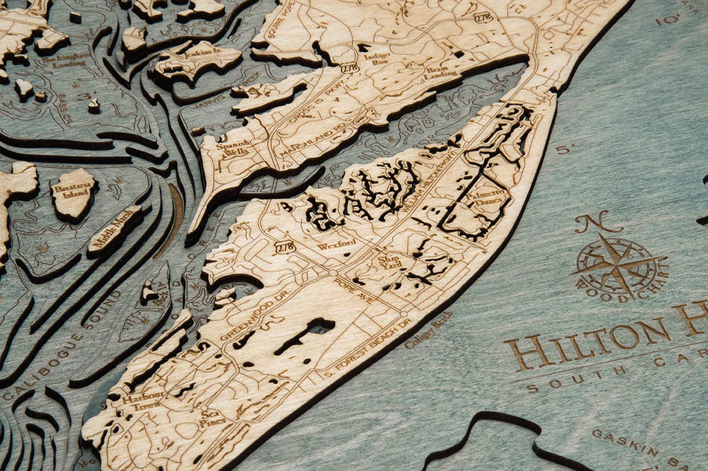 Hilton Head, SC 3D Nautical Wood Chart - Gray Frame Detail