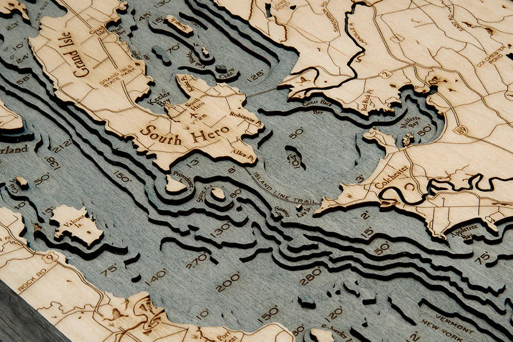 Lake Champlain 3D Nautical Wood Chart - Gray Frame Detail