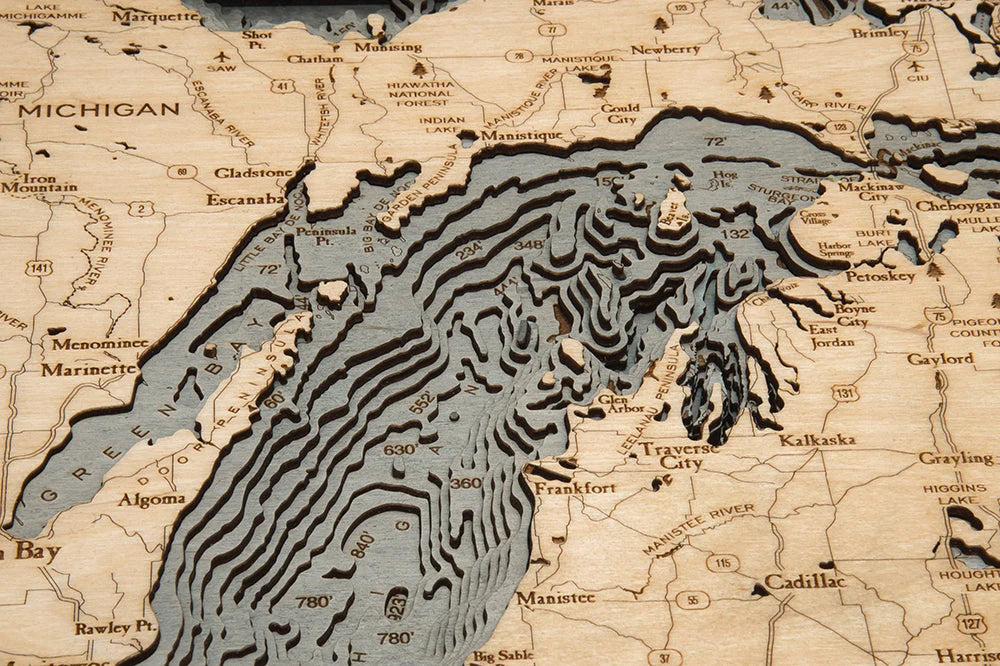 Lake Michigan 3D Nautical Wood Chart - Small - Gray Frame Detail