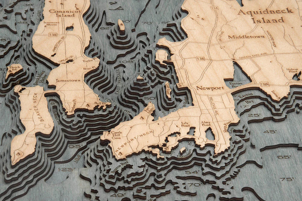 Narragansett Bay & Newport, RI 3D Nautical Wood Chart - Gray Frame Detail