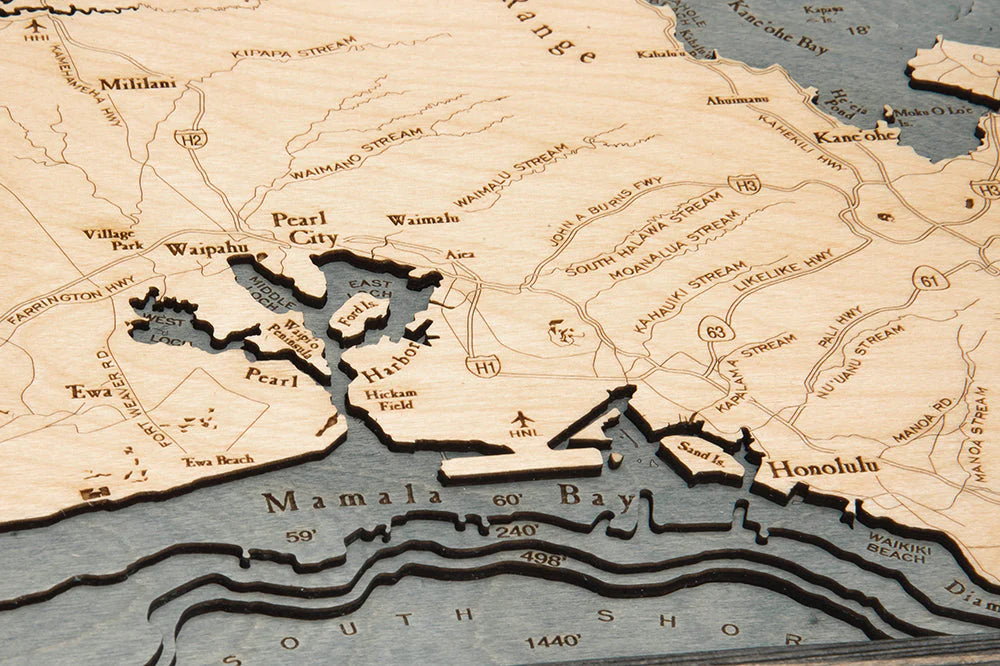 Oahu, HI 3d Nautical Wood Chart - Gray Frame Detail (Pearl Harbor)