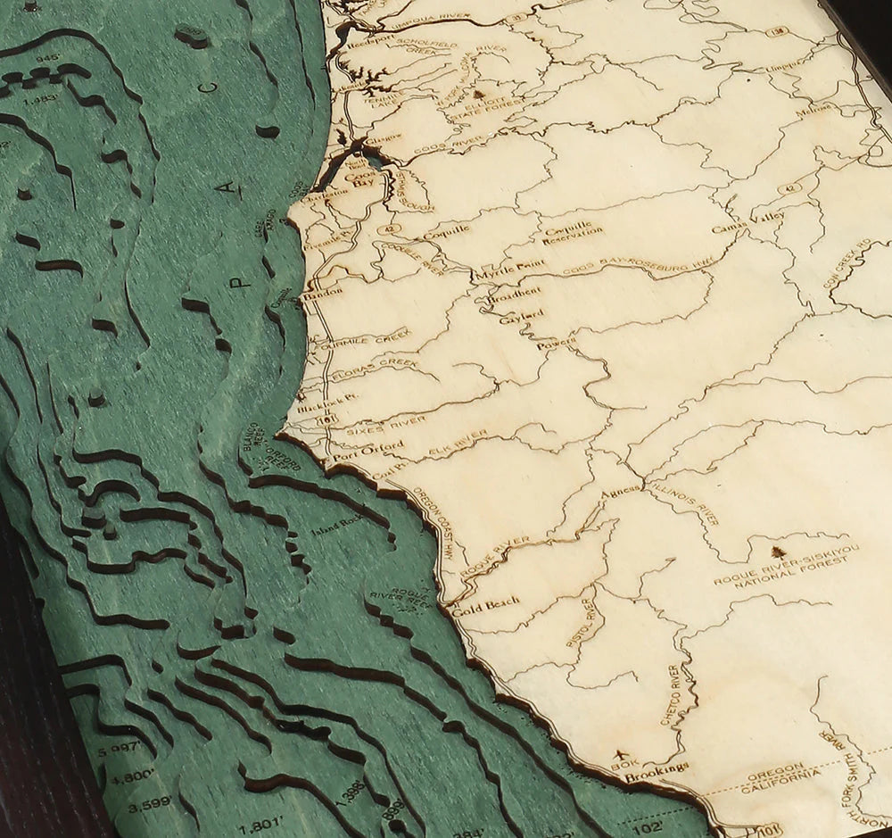 Oregon Coast 3D Nautical Wood Chart - Dark Frame Detail (Coos Bay)