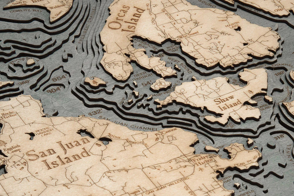 San Juan Islands, WA 3D Nautical Wood Chart - Gray Frame, Detail