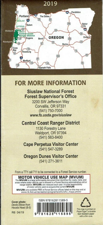 Siuslaw National Forest - Central Coast Ranger District Forest Service Map - Backside of Cover