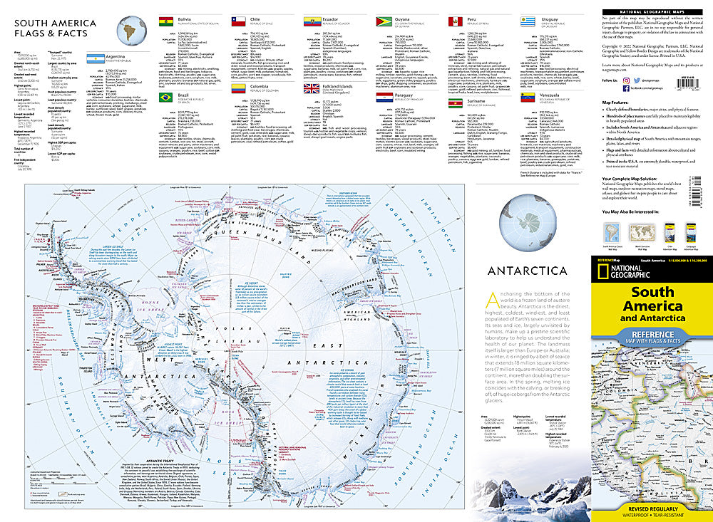 South America & Antarctica Folded Reference Map by National Geographic - Flags & Facts