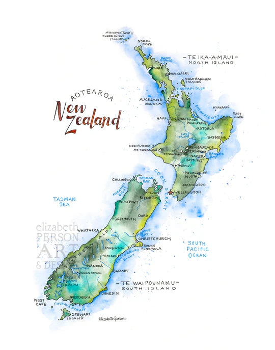 New Zealand Watercolor Map by Elizabeth Person