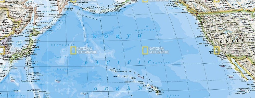 Pacific Centered World Wall Map - Classic Style by National Geographic - Map Detail
