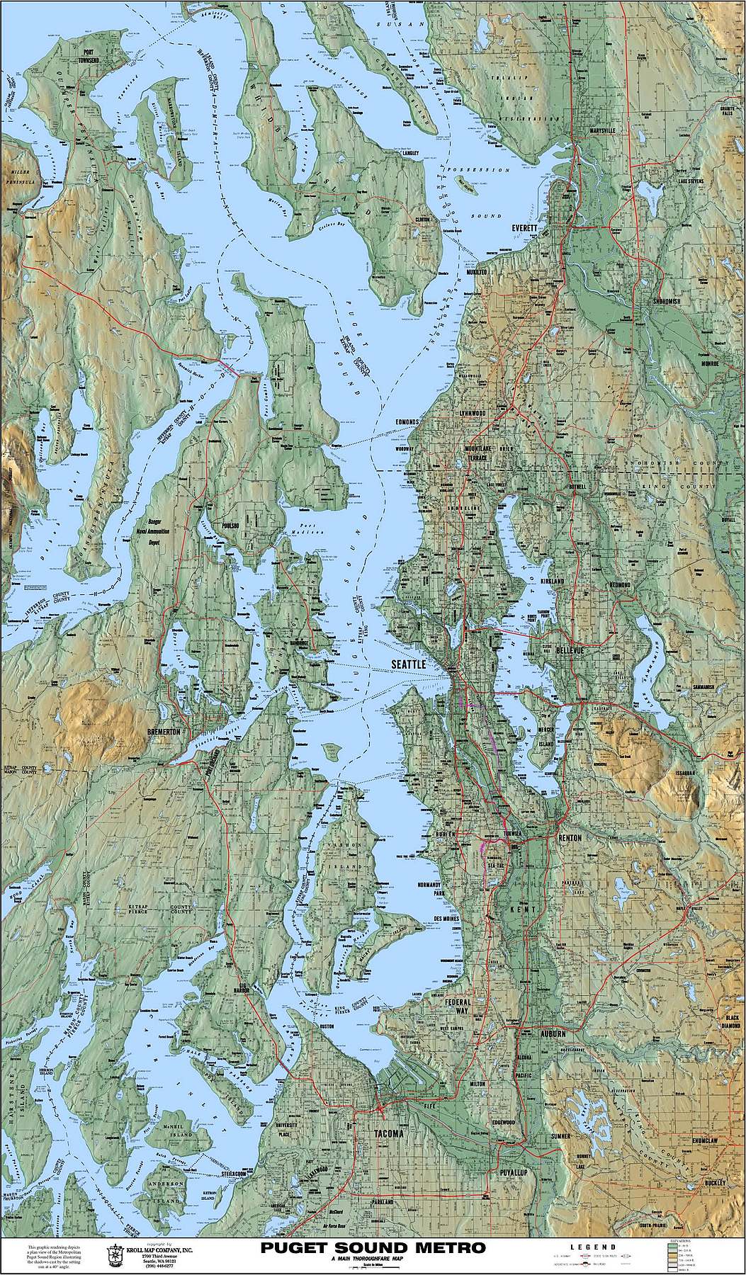 Puget Sound Area Wall Map with Terrain Shading by Kroll Map Company