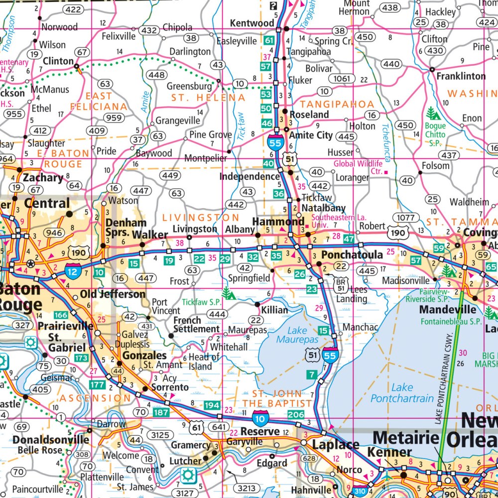 Louisiana State Highway Laminated Map by Rand McNally (Easy to Fold) - Map Detail