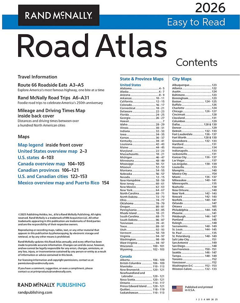 2026 Midsize Road Atlas by Rand McNally - Index Page
