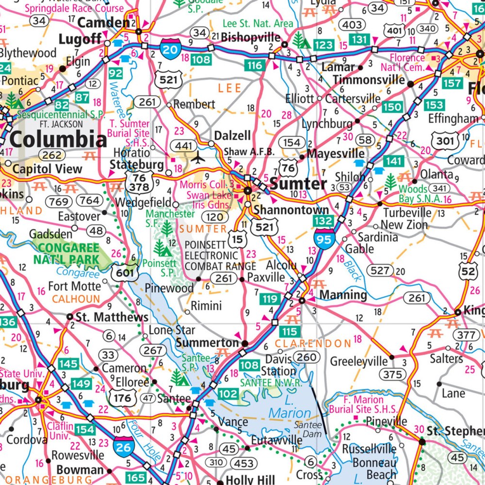 South Carolina State Highway Laminated Map by Rand McNally (Easy to Fold) - Map Detail