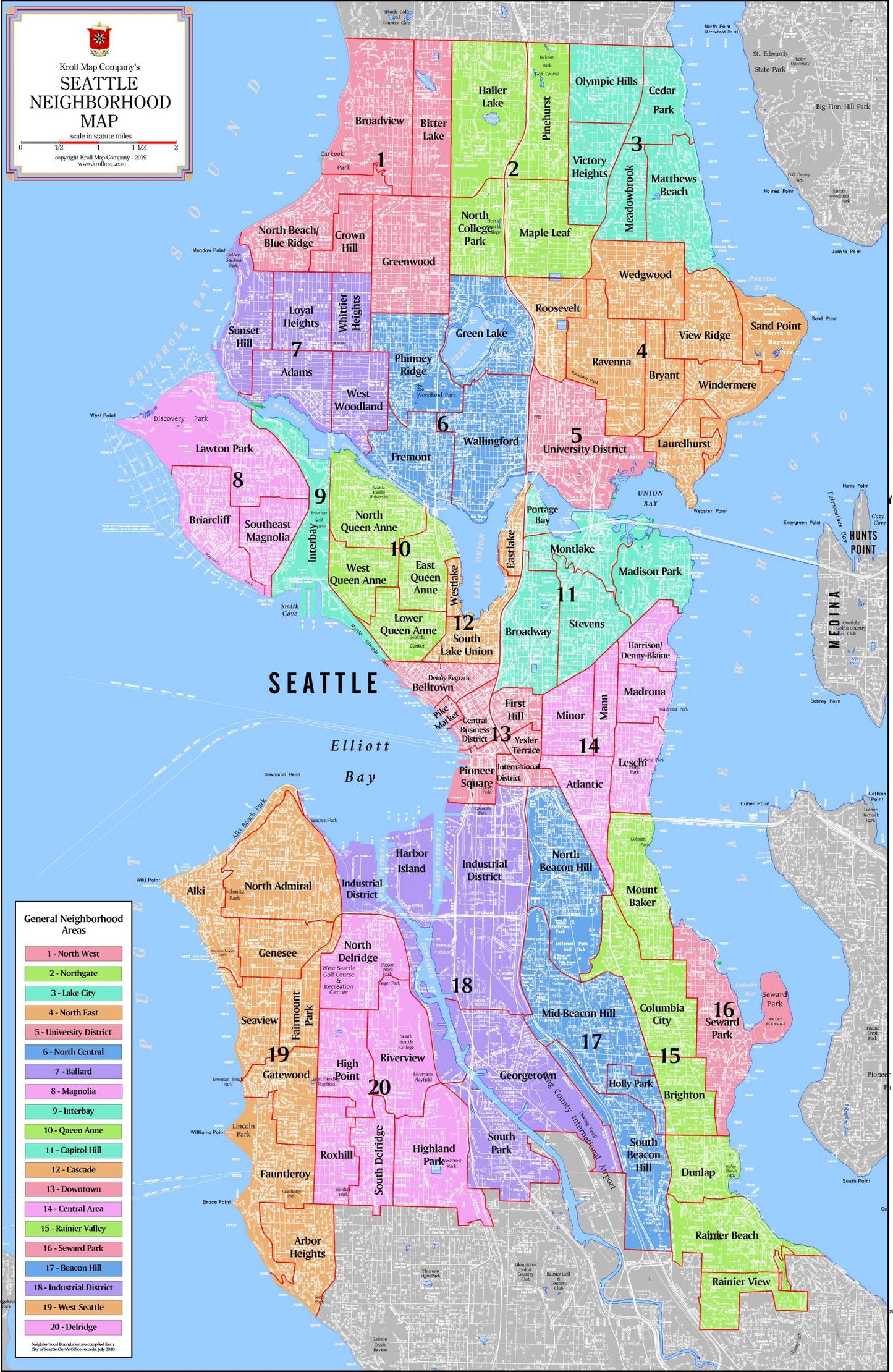 Seattle Neighborhood Wall Map by Kroll Map Company