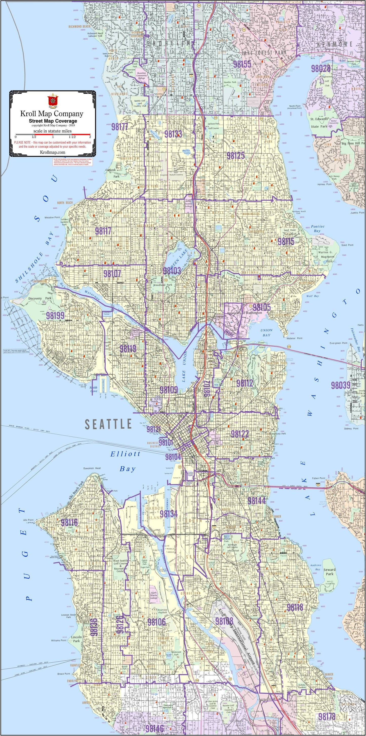 Seattle Detailed Street Map with ZIP Codes - Large Wall Map by Kroll Map Company