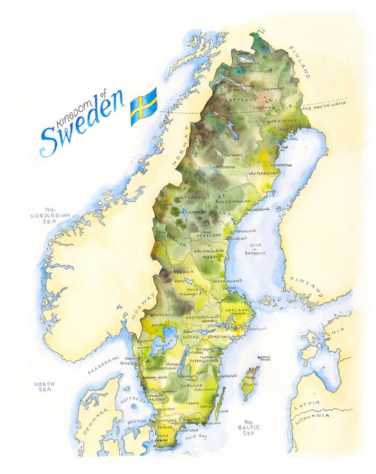 Sweden Watercolor Map by Elizabeth Person